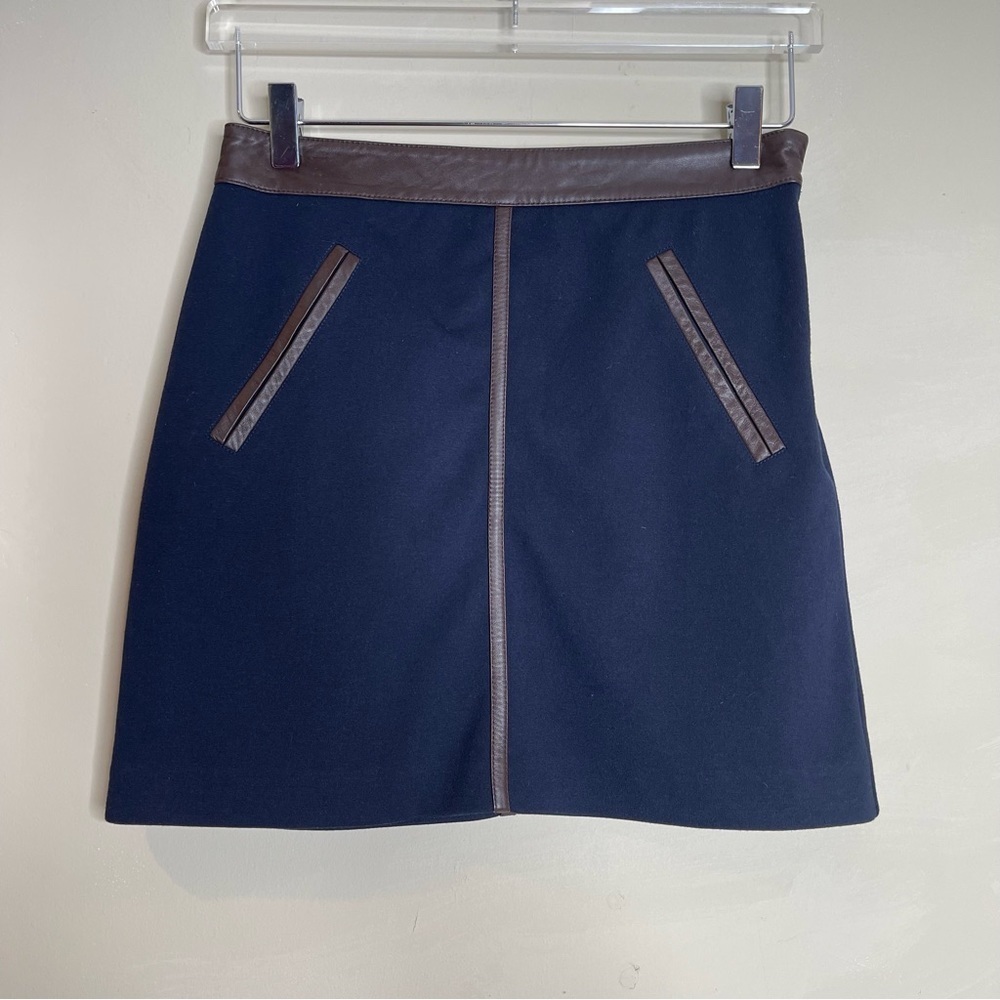 Club Monaco Leather Trim Navy Mini Skirt